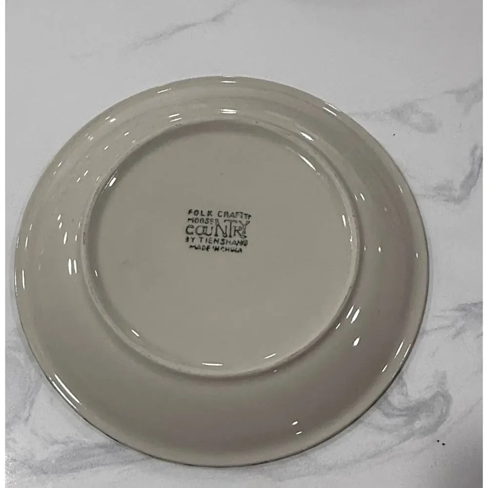 VINTAGE Tienshan Moose Country Salad Plates Set 2 Folk Craft Spongeware 8 Inch